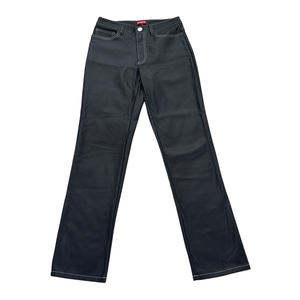 STAUD Faux Leather Contrast Stitch Straight Leg Pants Black Size 2